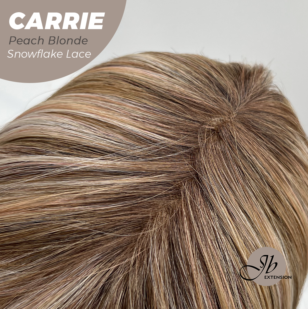 JBEXTENSION 11 Inches Short Hair Peach Blonde Pre-Cut T Part Snowflake Lace Frontlace Glueless Wig with Bangs CARRIE PEACH BLONDE【BENDY EAR TABS】