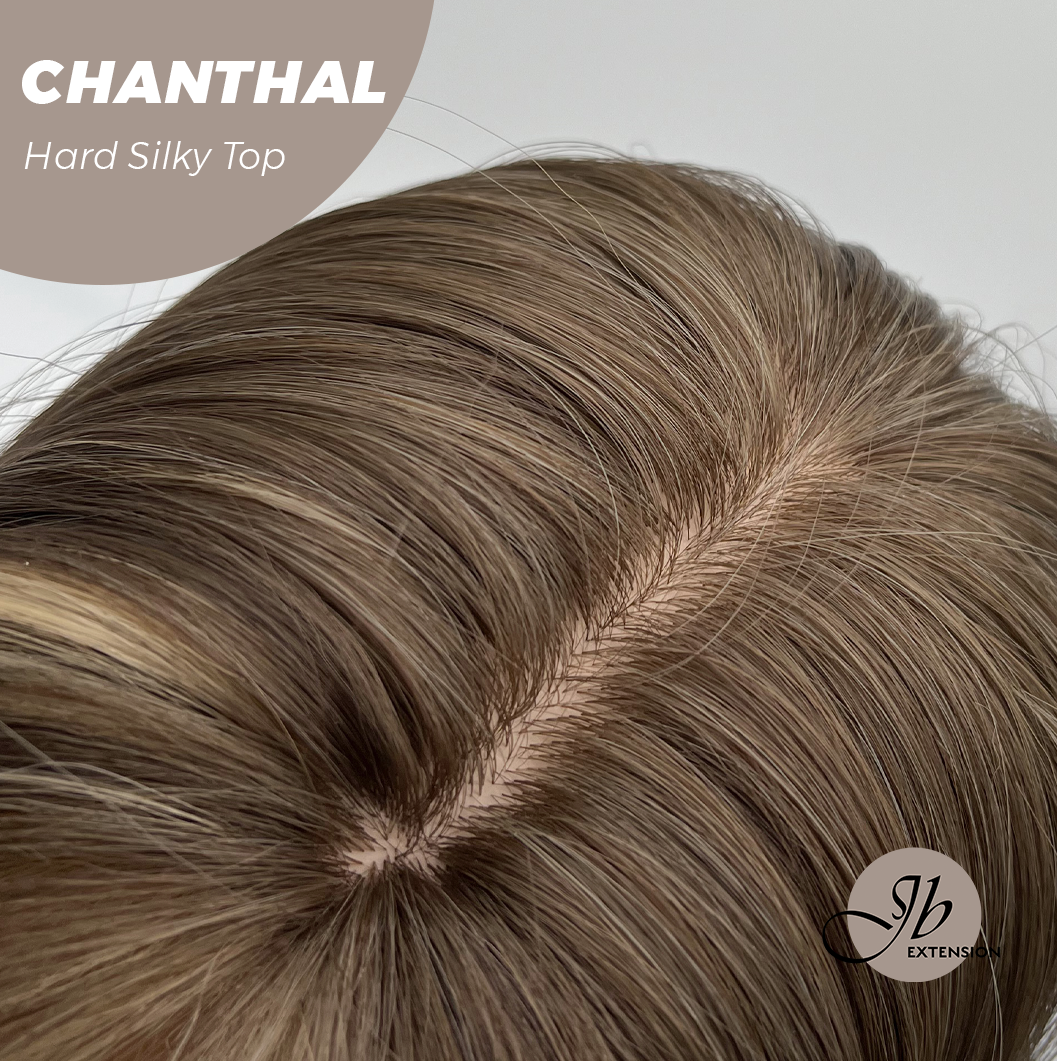 JBEXTENSION 25 Inches Scalpiana Brown with Blonde Highlight 3.5X4 Hard Silky Top Natural Scalp Effect Wig With Bangs CHANTHAL