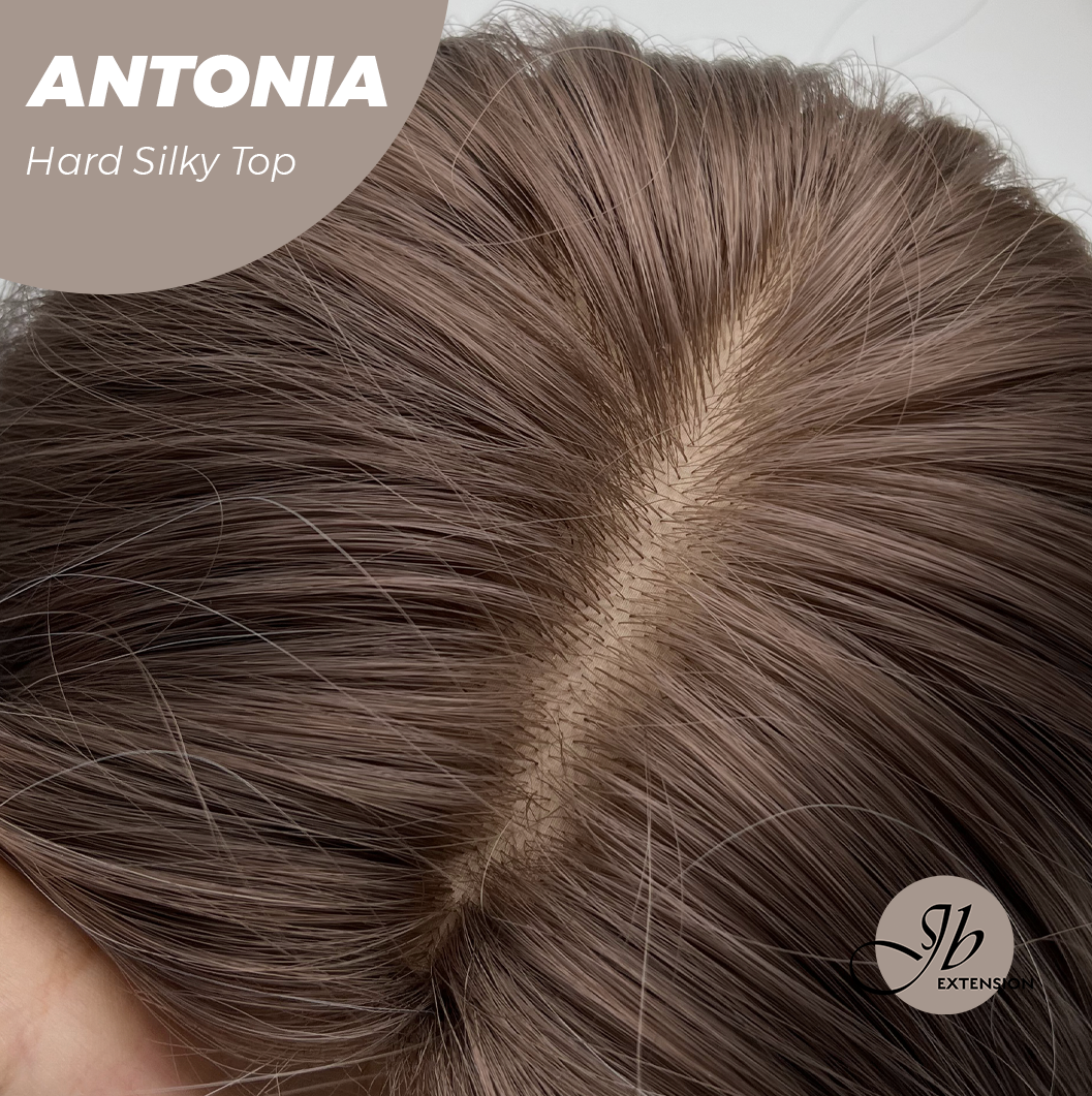 JBEXTENSION 28 Inches Scalpiana Long Curly Light Brown with Grey Highlight 3.5X4 Hard Silky Top Natural Scalp Effect Wig ANTONIA