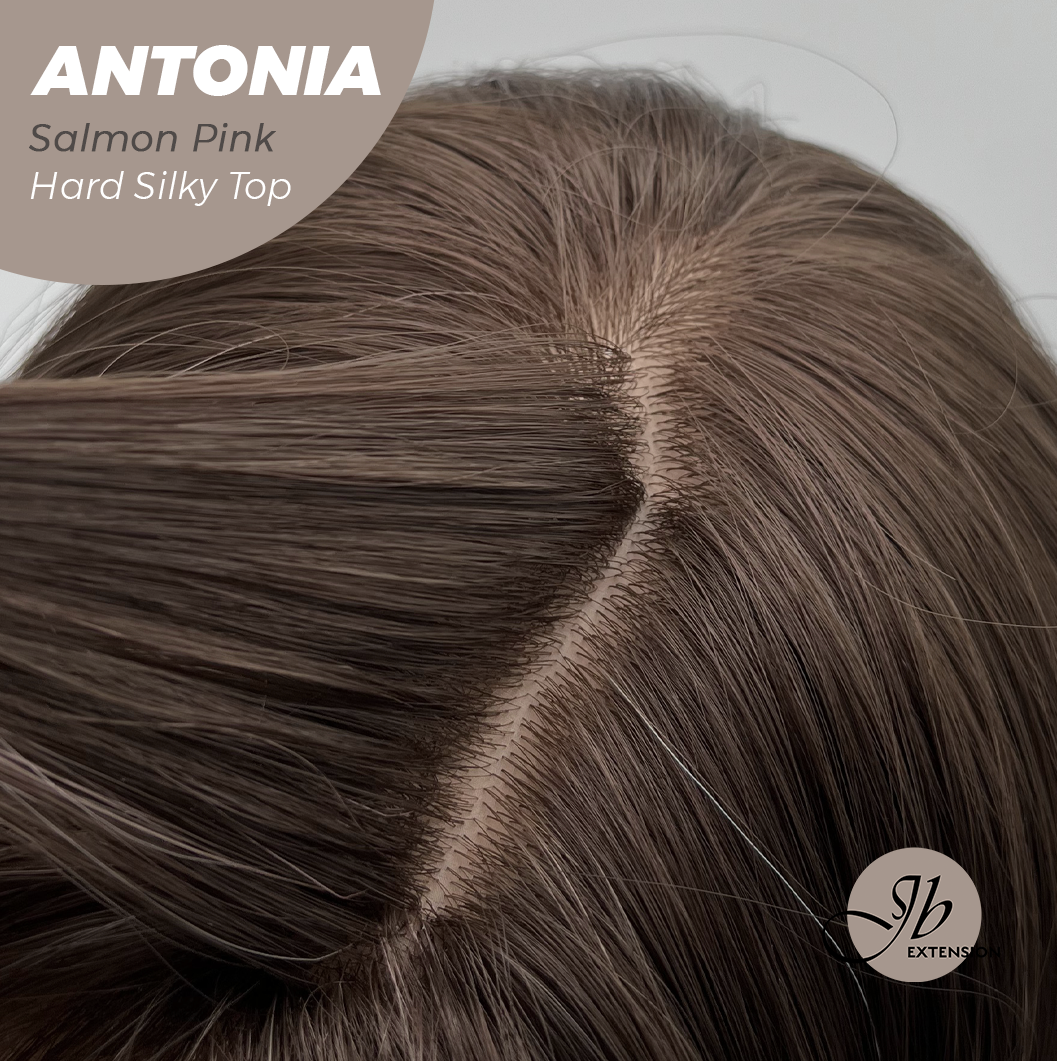 JBEXTENSION 28 Inches Scalpiana Long Curly Salmon Pink 3.5X4 Hard Silky Top Natural Scalp Effect Wig ANTONIA SALMON PINK