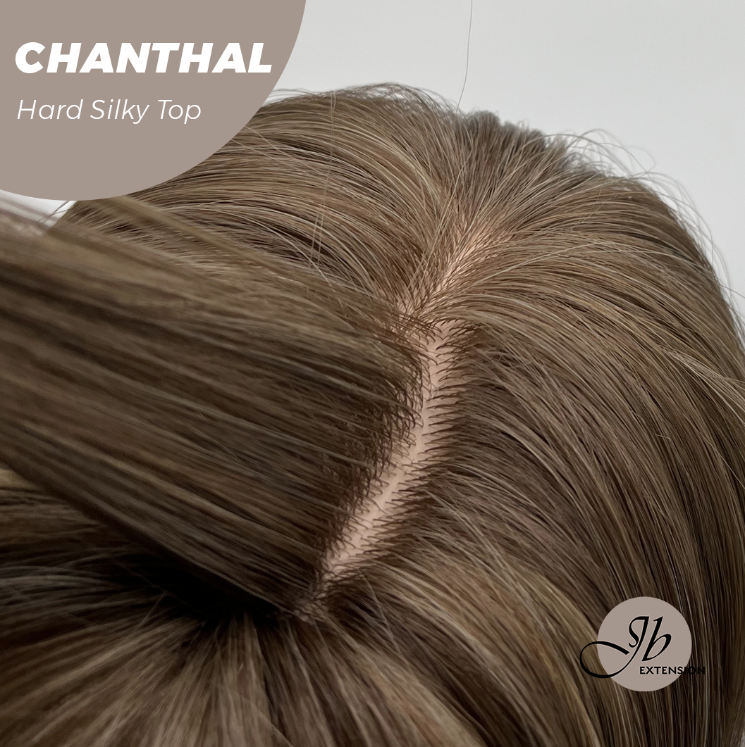 JBEXTENSION 25 Inches Scalpiana Brown with Blonde Highlight 3.5X4 Hard Silky Top Natural Scalp Effect Wig With Bangs CHANTHAL