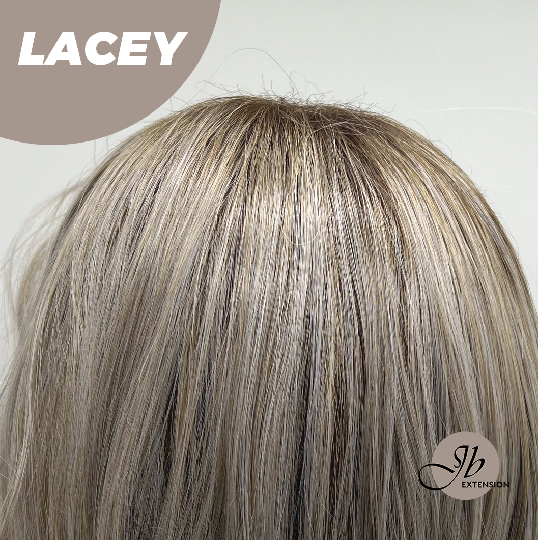 JBEXTENSION 18 Inches Curly Mix Grey Wig with Dark Root Women Fashion Full Machine Wig LACEY【PLUS PERMATEASE】【BENDY EAR TABS】