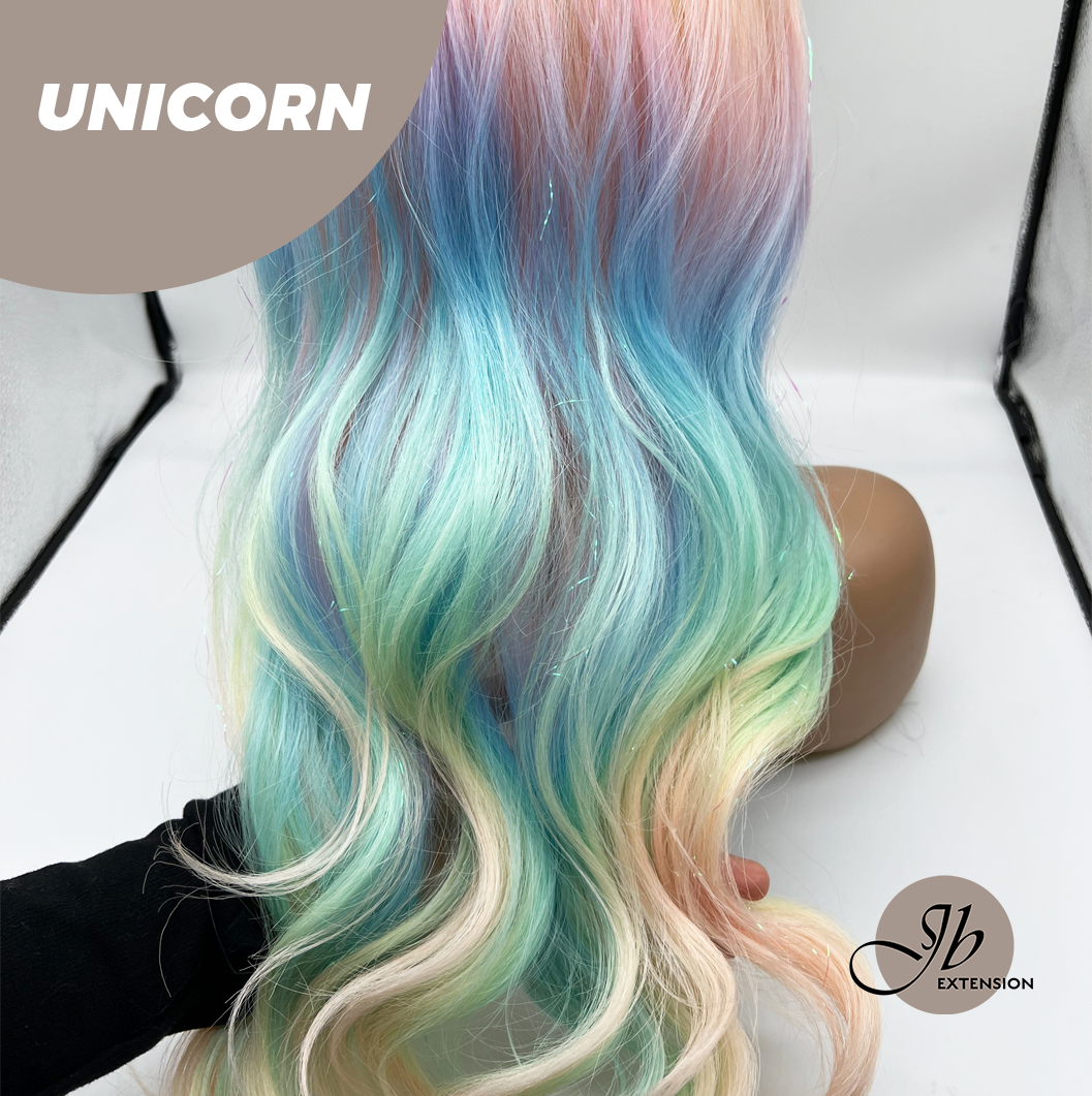 JBEXTENSION 26 Inches Curly Rainbow Color with Tinsel Halloween Style Headband Wig UNICORN