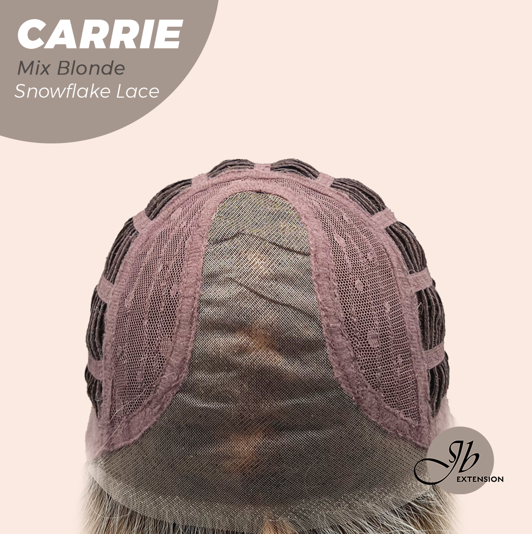 JBEXTENSION 11 Inches Short Hair Mix Blonde Pre-Cut T Part Snowflake Lace Frontlace Glueless Wig with Bangs CARRIE MIX BLONDE【BENDY EAR TABS】