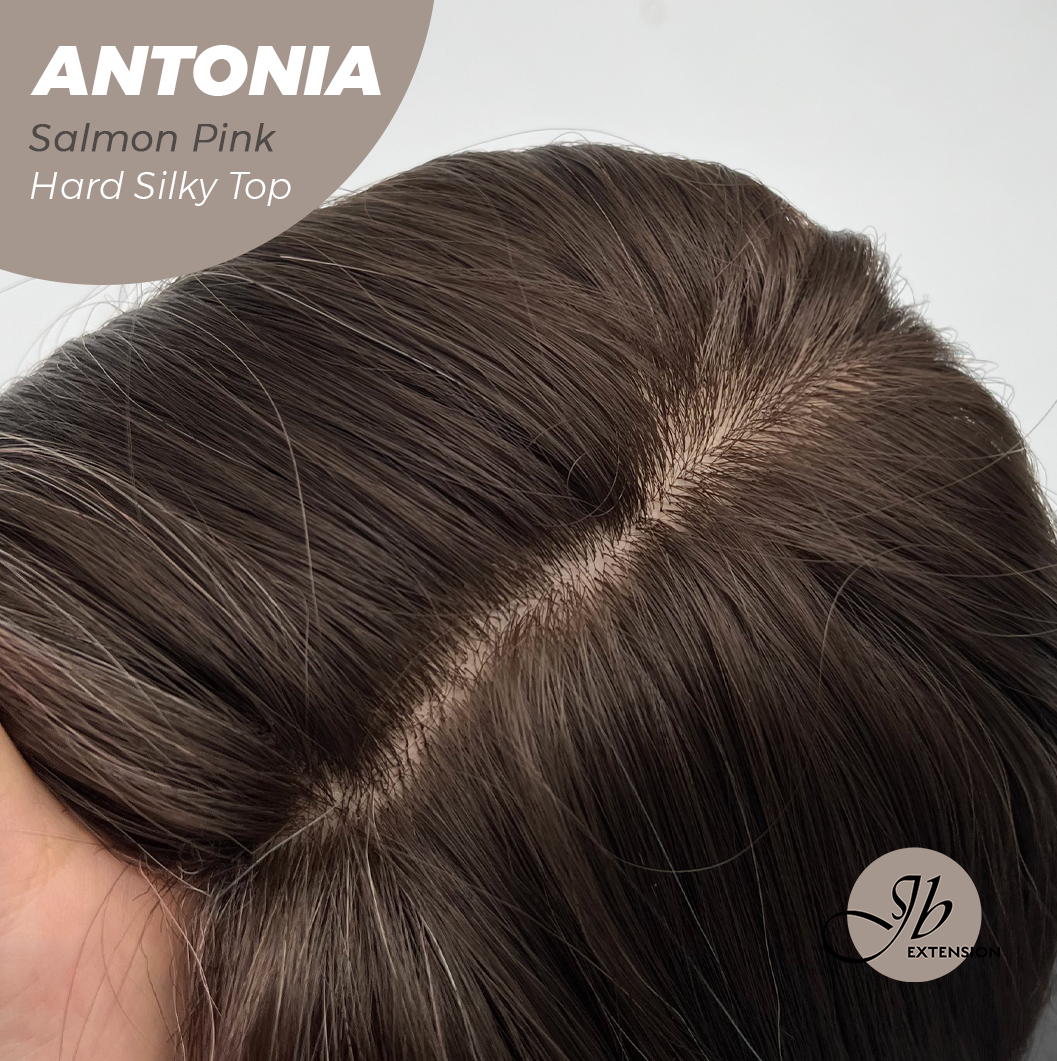 JBEXTENSION 28 Inches Scalpiana Long Curly Salmon Pink 3.5X4 Hard Silky Top Natural Scalp Effect Wig ANTONIA SALMON PINK