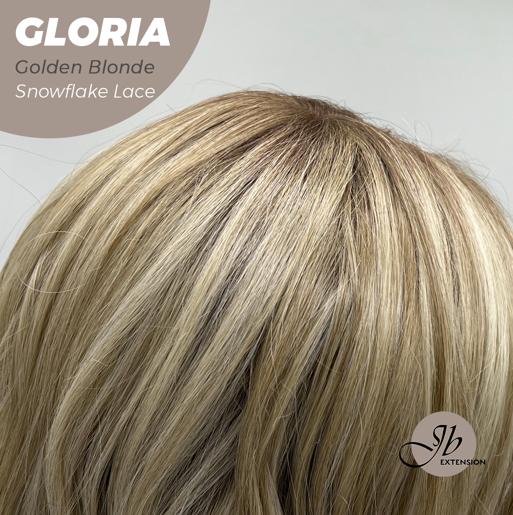 JBEXTENSION 14 Inches Curly Golden Blonde Wig with Bangs Pre-Cut T Part Snowflake Lace Frontlace Glueless Wig GLORIA GOLDEN BLONDE