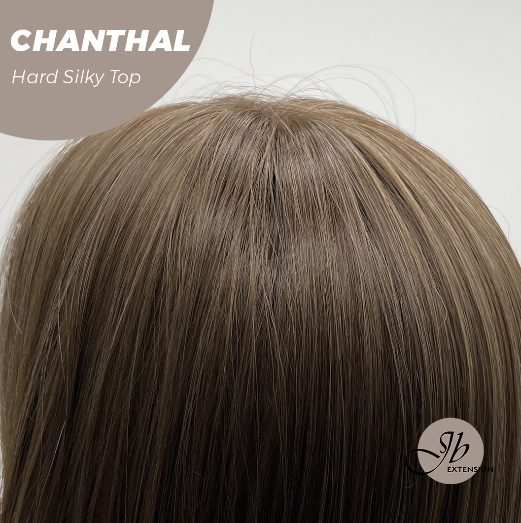 JBEXTENSION 25 Inches Scalpiana Brown with Blonde Highlight 3.5X4 Hard Silky Top Natural Scalp Effect Wig With Bangs CHANTHAL