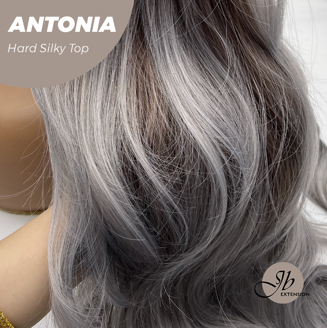 JBEXTENSION 28 Inches Scalpiana Long Curly Light Brown with Grey Highlight 3.5X4 Hard Silky Top Natural Scalp Effect Wig ANTONIA