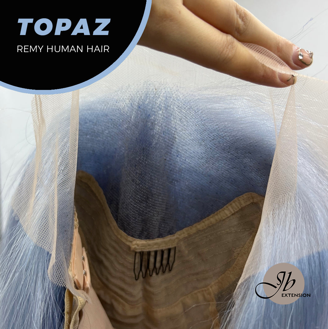 JBEXTENSION GEMSTONE COLLECTION 12 Inches Real Human Hair Light Blue Bob Cut Free Parting Wig TOPAZ