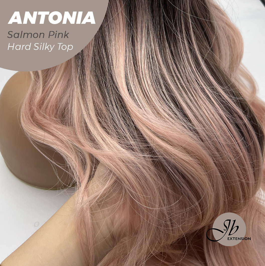 JBEXTENSION 28 Inches Scalpiana Long Curly Salmon Pink 3.5X4 Hard Silky Top Natural Scalp Effect Wig ANTONIA SALMON PINK