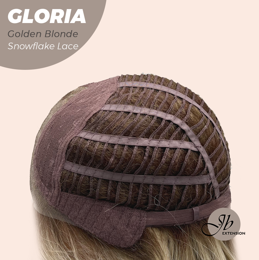 JBEXTENSION 14 Inches Curly Golden Blonde Wig with Bangs Pre-Cut T Part Snowflake Lace Frontlace Glueless Wig GLORIA GOLDEN BLONDE