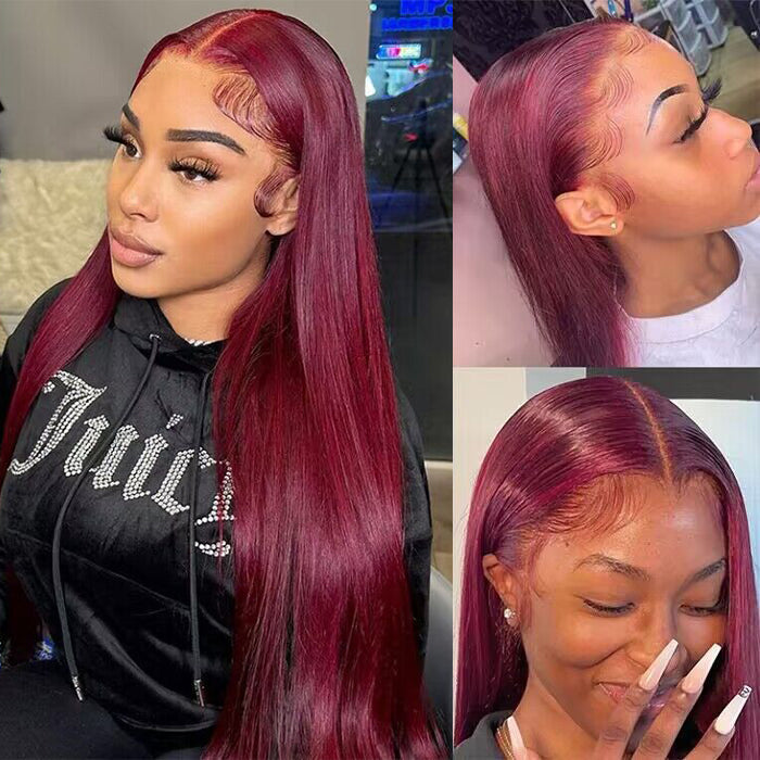 99J Burgundy Color Glueless 5x5 HD Lace Closure Wigs Human Hair 180% Density