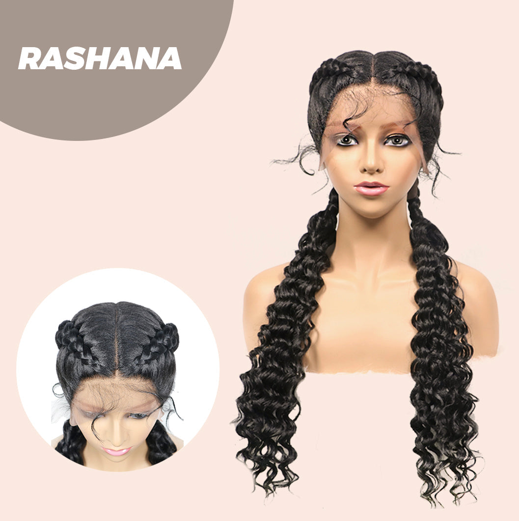 JBEXTENSION 35" Hand-Braided Synthetic Lace Front Box Braided Wigs with Baby Hair for Women D OUBLE Dutch Braids Black Lace Frontal Wigs for Women RASHANA