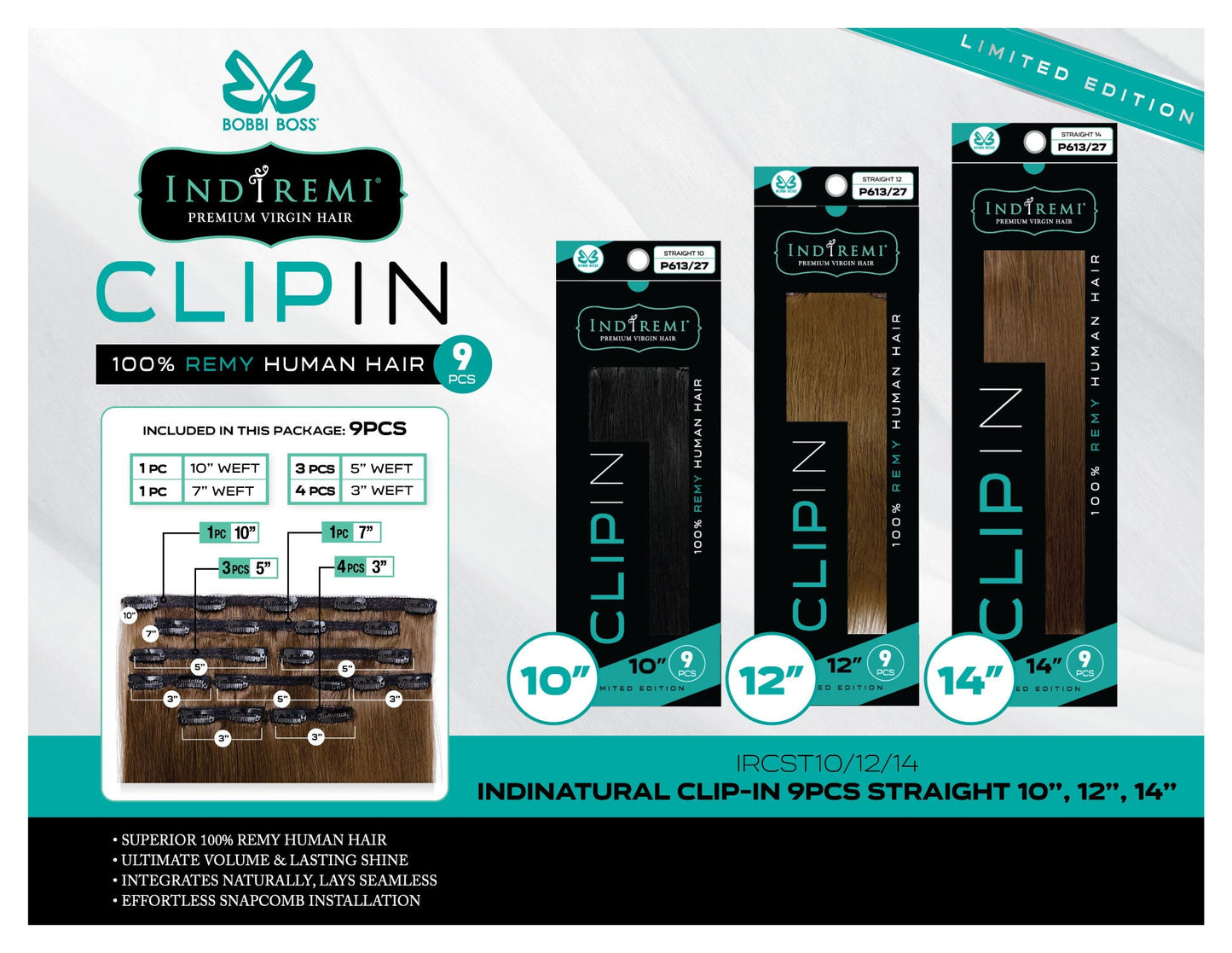 Bobbi Boss Indiremi Clip-In 9 PCS 100% Remy Human Hair Weaving - STRAIGHT 10"/12"/14"