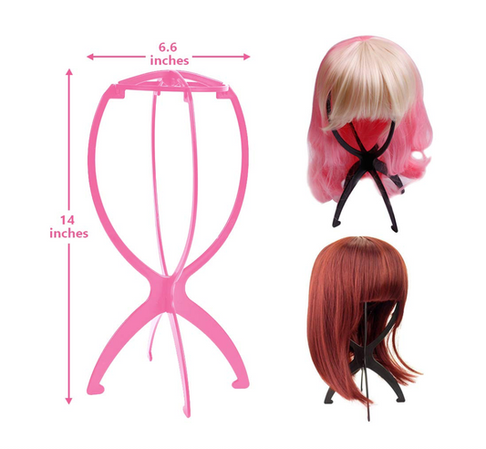 Wig Stand for Styling, 1 Pack Collapsible Wig Stands for Short Wigs Portable Travel Wig Holder Women Girls (14.2 Inch, Pink)