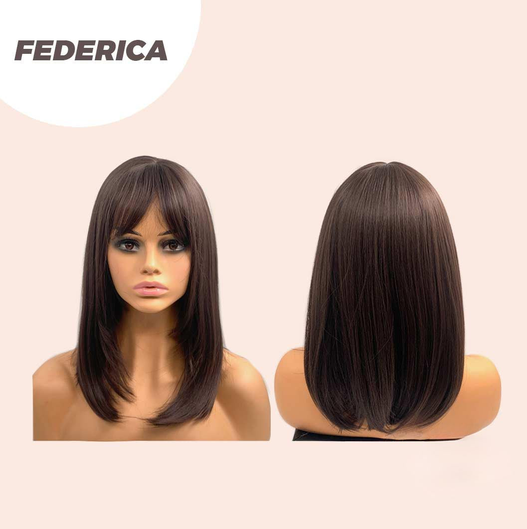 JBEXTENSION 16 Inches Short Bob Cut Cold Brown Wig With Bangs FEDERICA