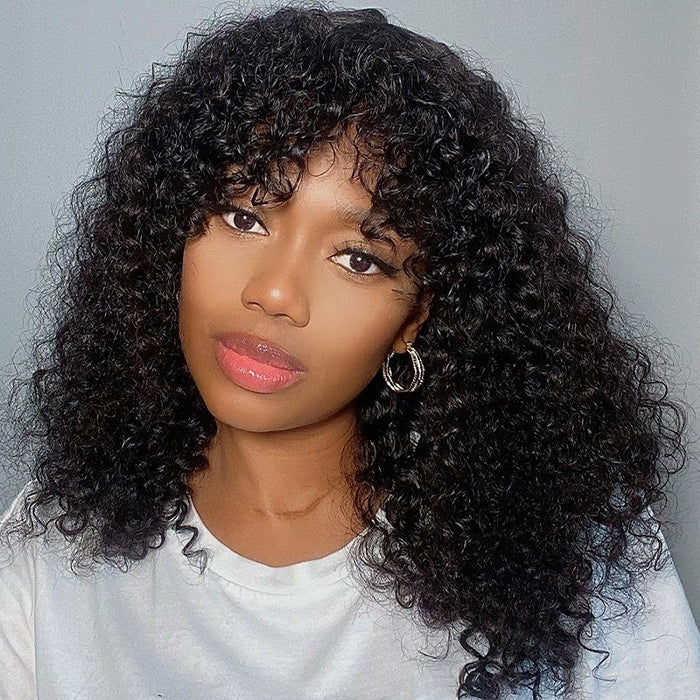 Curly Short Bob Wig With Bangs None Lace Full Machinemade Human Hair Wigs Glueless Beginner Friendly