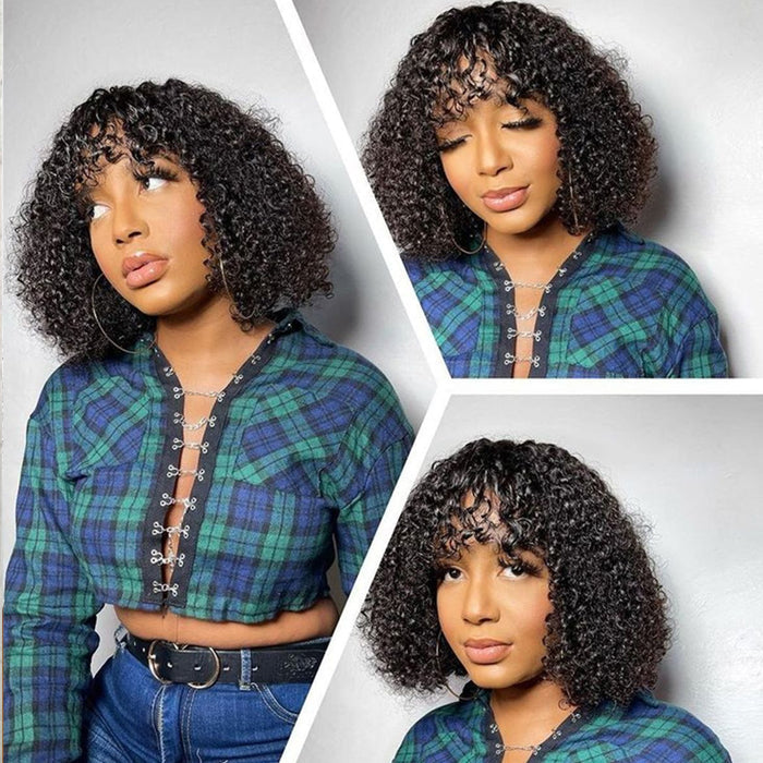 Curly Short Bob Wig With Bangs None Lace Full Machinemade Human Hair Wigs Glueless Beginner Friendly