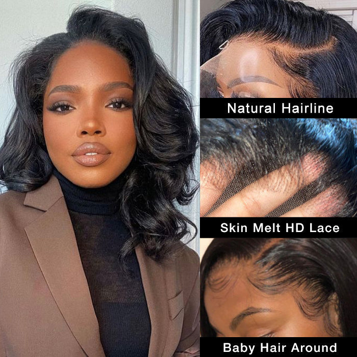 Asymmetrical Side Part Bob Wigs Body Wave Glueless HD Lace Front Wigs 220% Density