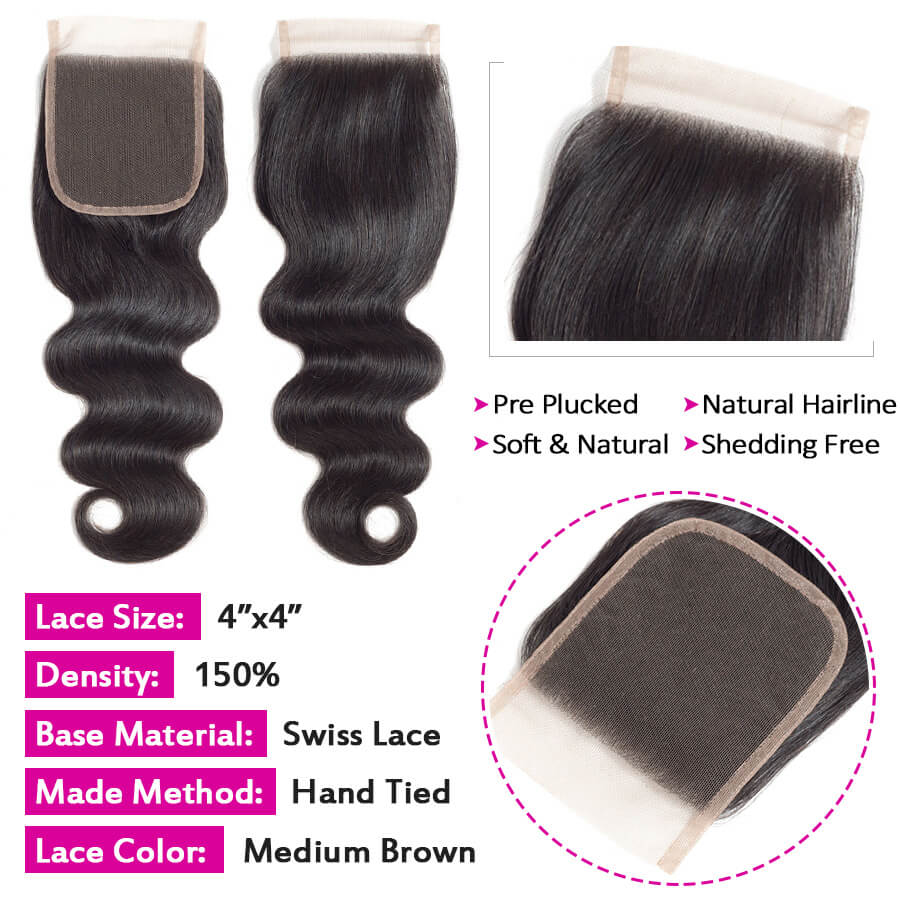 4x4 HD Transparent Lace Closure Body Wave Human Hair Closure Natural Black Hair Top Swiss Lace