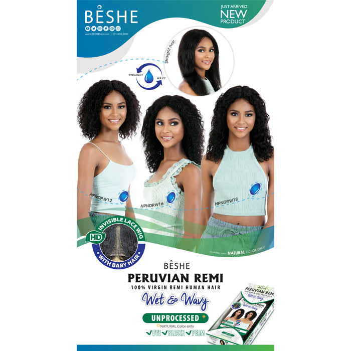 Beshe Peruvian Remi 100% Virgin Remy Human Hair Wet & Wavy HD Lace Wig - HPNDP.W 18"