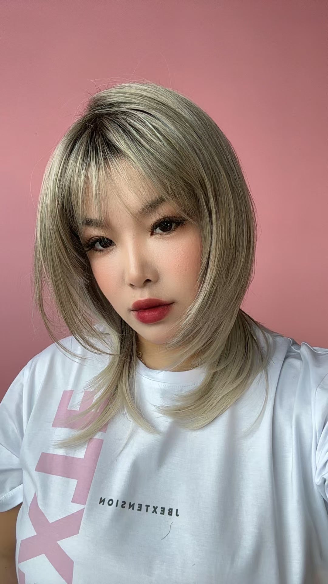 JBEXTENSION 18 Inches Ash Blonde White Wig with Bangs Women Fashion Full Machine Wig CASSANDRA【PLUS PERMATEASE】【BENDY EAR TABS】