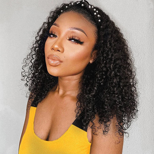 Curly Hair Headband Bob Wig Human Hair Half Wig 220% Density Glueless Human Hair Headband Wig