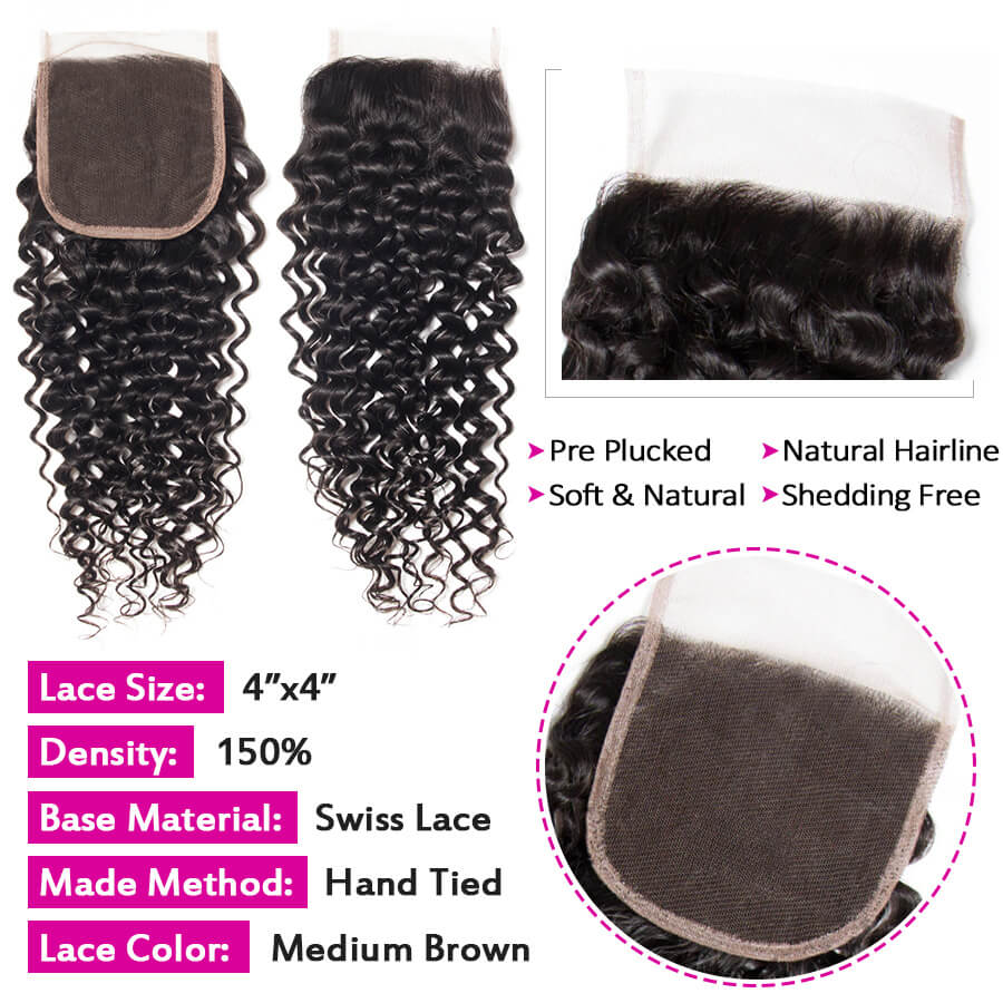 4x4 HD Transparent Lace Closure Curly Human Hair Closure Natural Black Hair Top Swiss Lace