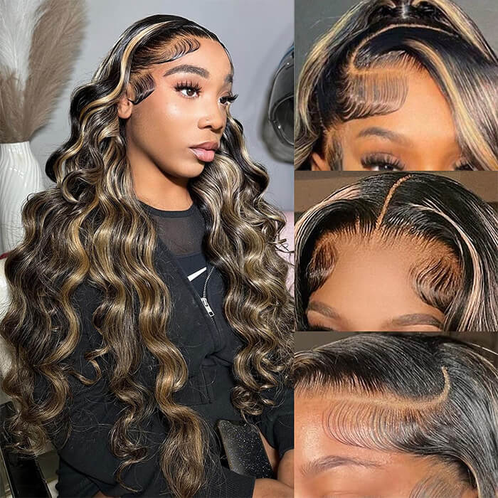 M1B/27 Balayage Highlight 13x6 Glueless HD Lace Front Wig Body Wave Pre Plucked Colored Human Hair Wigs