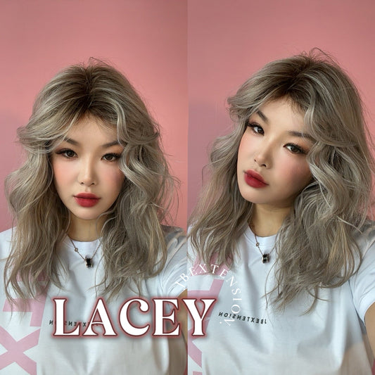 JBEXTENSION 18 Inches Curly Mix Grey Wig with Dark Root Women Fashion Full Machine Wig LACEY【PLUS PERMATEASE】【BENDY EAR TABS】