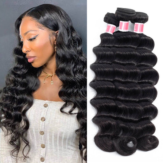 Brazilian Loose Deep Wave Hair 3 Bundles 12A Unprocessed Virgin Human Hair Weave Natural Black Color Hermosa Hair