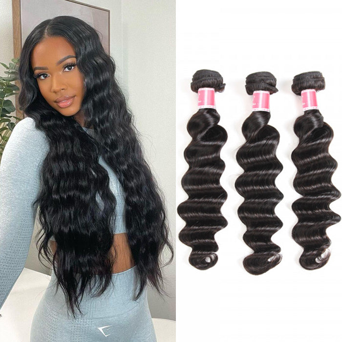 Malaysian Loose Deep Wave 3/4 Bundle Deals Unprocessed Virgin Human Hair Bundles Natural Black Color