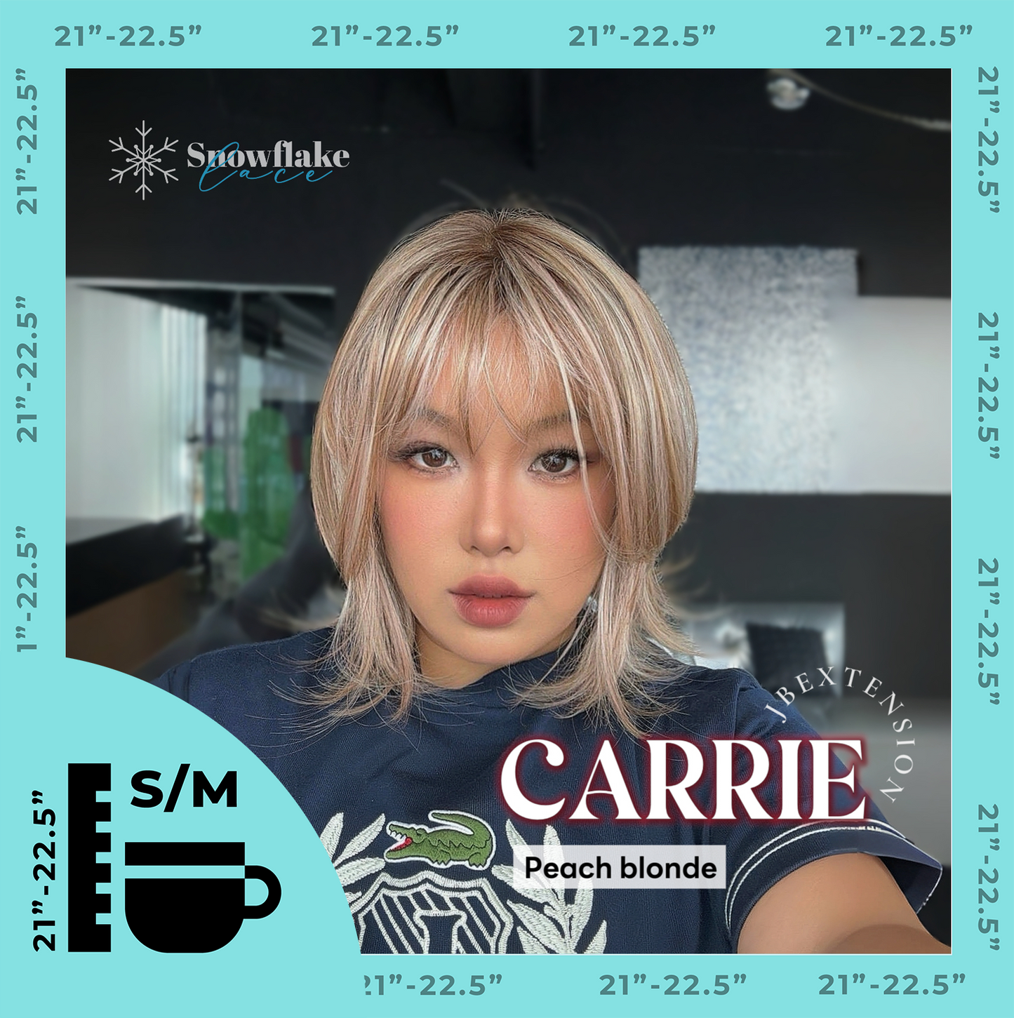 JBEXTENSION 11 Inches Short Hair Peach Blonde Pre-Cut T Part Snowflake Lace Frontlace Glueless Wig with Bangs CARRIE PEACH BLONDE【BENDY EAR TABS】