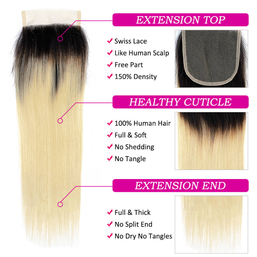 Ombre T1B/613 Blonde Brazilian Straight Hair 3 Bundles With 4*4 Closure Virgin Human Hair