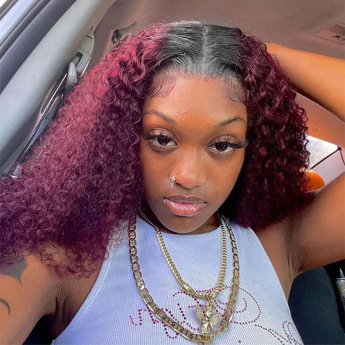 Glueless V/U Part Jerry Curly Wig 99J Burgundy Red Color With Dark Roots Beginner Friendly