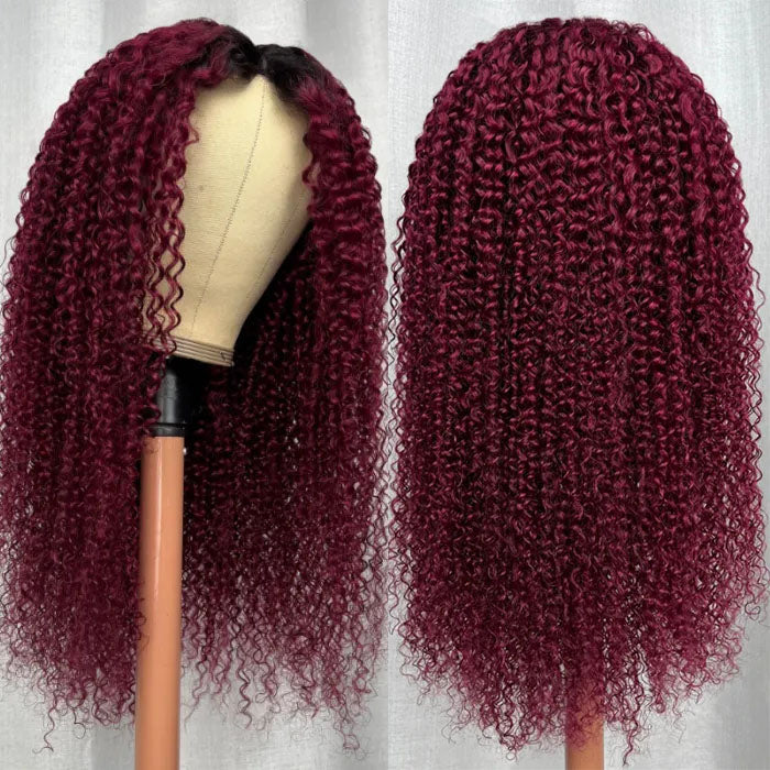 Glueless V/U Part Jerry Curly Wig 99J Burgundy Red Color With Dark Roots Beginner Friendly