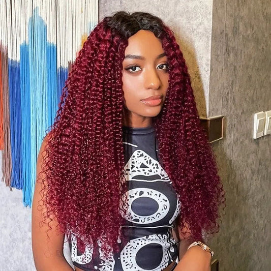 Glueless V/U Part Jerry Curly Wig 99J Burgundy Red Color With Dark Roots Beginner Friendly