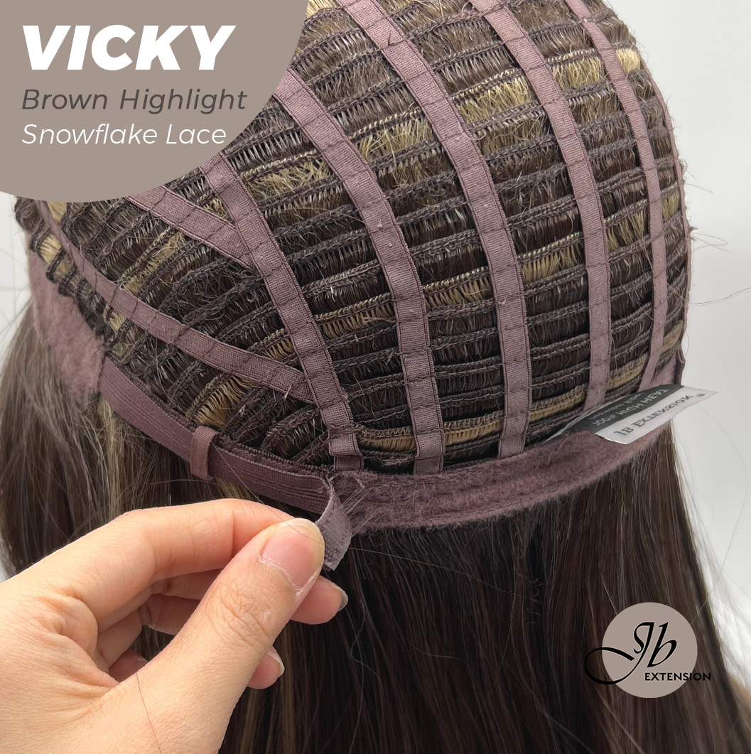 JBEXTENSION 20 Inches Dark Brown with Highlight Pre-Cut Snowflake Lace Frontlace Glueless Wig VICKY BROWN HIGHLIGHT【PERMATEASE】【BENDY EAR TABS】- M/L