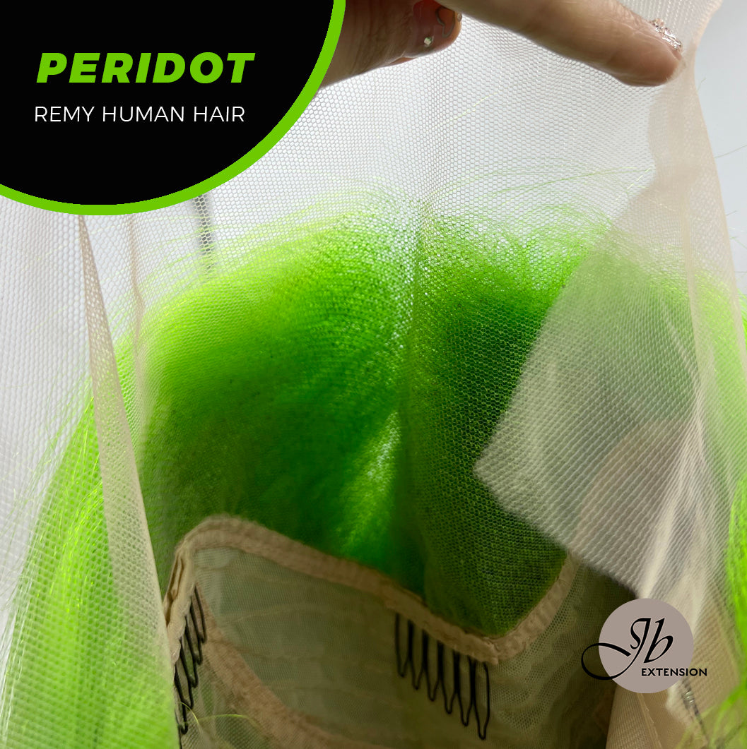 JBEXTENSION GEMSTONE COLLECTION 12 Inches Real Human Hair Light Green Bob Cut Free Parting Wig PERIDOT