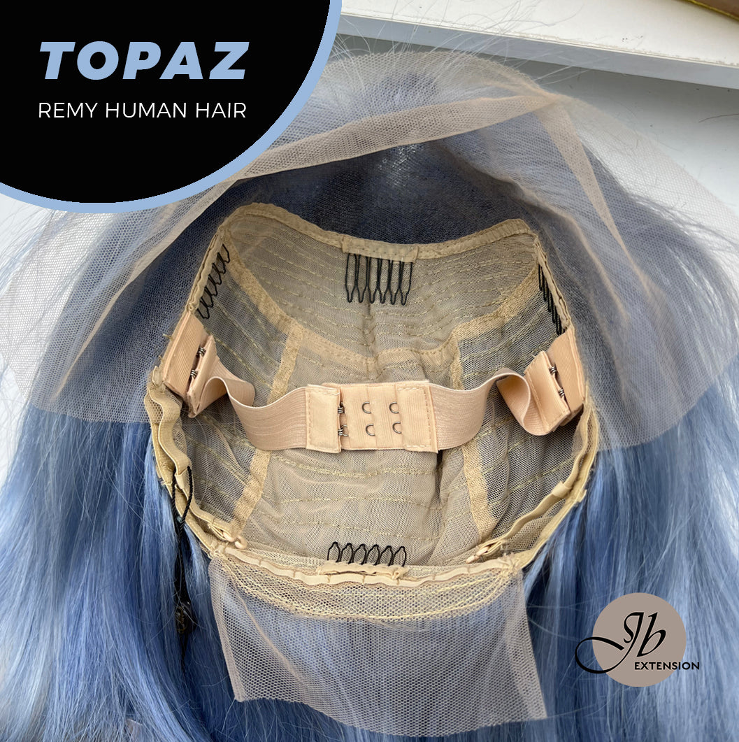 JBEXTENSION GEMSTONE COLLECTION 12 Inches Real Human Hair Light Blue Bob Cut Free Parting Wig TOPAZ