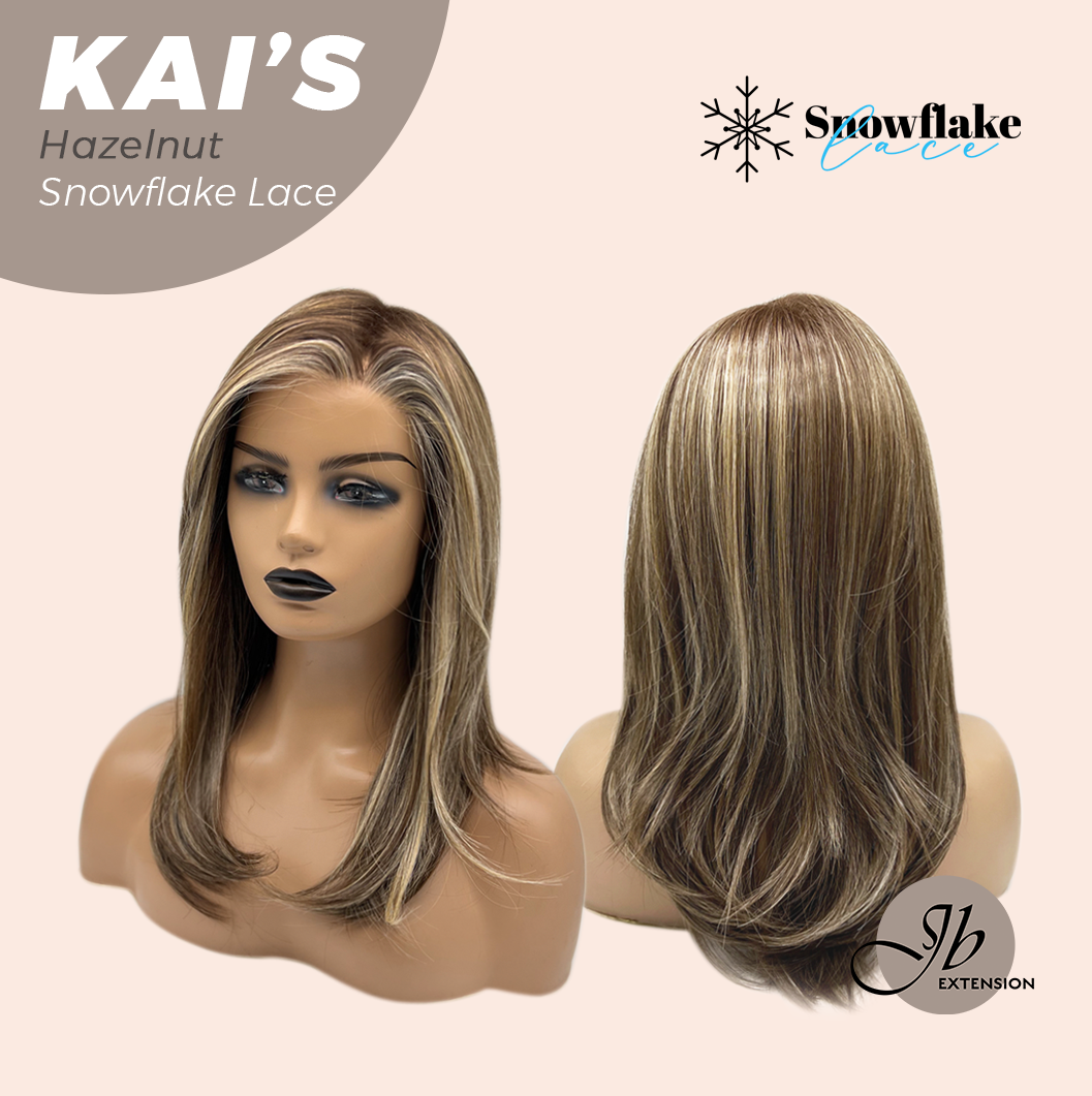 JBEXTENSION 18 Inches Hazelnut Blonde Highlight Pre-Cut Snowflake Lace Frontlace Glueless Wig KAI'S HAZELNUT【PERMATEASE】【BENDY EAR TABS】- M/L
