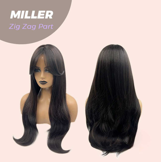 JBEXTENSION 26 Inches Soft Black Curly Zig Zag Part Wig With Bangs MILLER