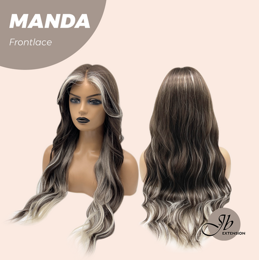 JBEXTENSION 26 Inches Wave Brown with Grey Highlight Pre-Cut Frontlace Glueless Wig MANDA LACE