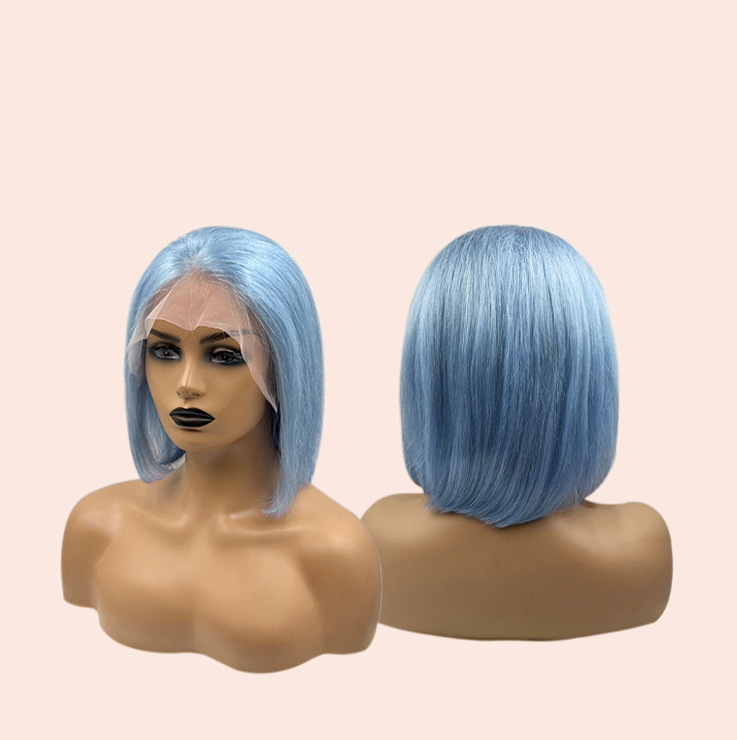 JBEXTENSION GEMSTONE COLLECTION 12 Inches Real Human Hair Light Blue Bob Cut Free Parting Wig TOPAZ