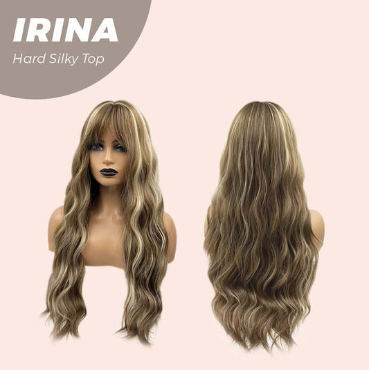 JBEXTENSION 28 Inches Scalpiana Brown With Blonde Highlight Wave 3.5X4 Hard Silky Top Natural Scalp Effect Wig IRINA