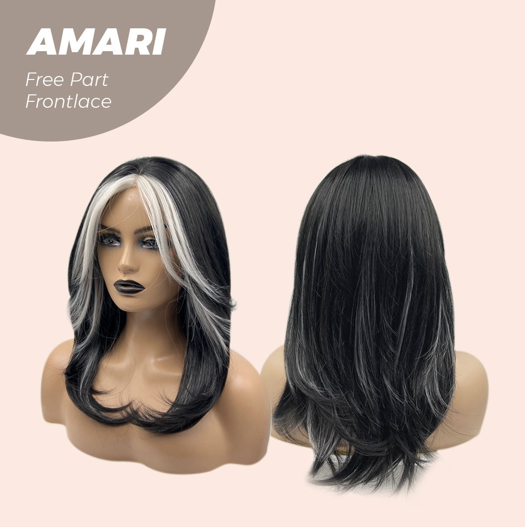 Get this look with our 18 Inches Black With White Highlight Pre-Cut Free Part Frontlae Glueless Wig AMARI
