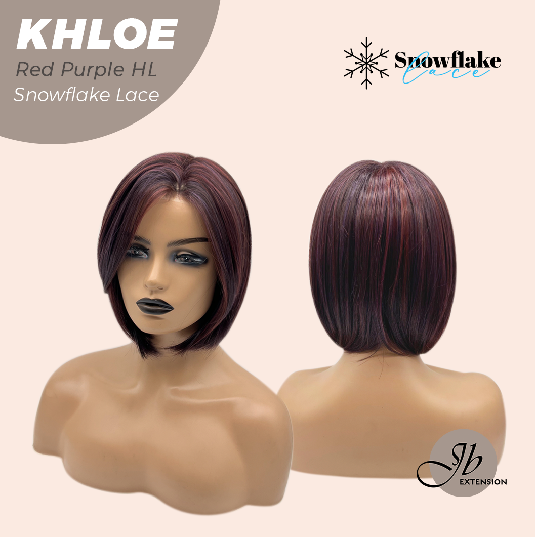 JBEXTENSION 12 Inches Bob Cut Red Purple Highlight Pre-Cut Snowflake Lace Frontlace Glueless Wig KHLOE RED PURPLE HIGHLIGHT【PERMATEASE】【BENDY EAR TABS】- M/L