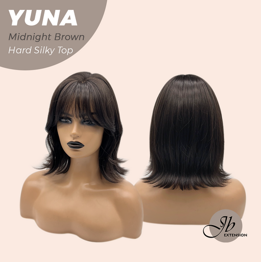 JBEXTENSION 12 Inches Scalpiana Midnight Brown( Black/Brown) 3.5X4 Hard Silky Top Natural Scalp Effect Women Wig With Bangs YUNA MIDNIGHT BROWN