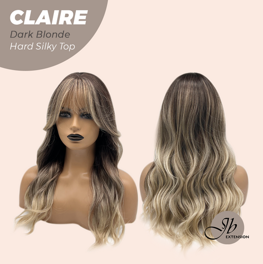 JBEXTENSION 22 Inches Scalpiana Dark Blonde 3.5X4 Hard Silky Top Natural Scalp Effect Women Wig With Bangs CLAIRE SILKY TOP DARK BLONDE