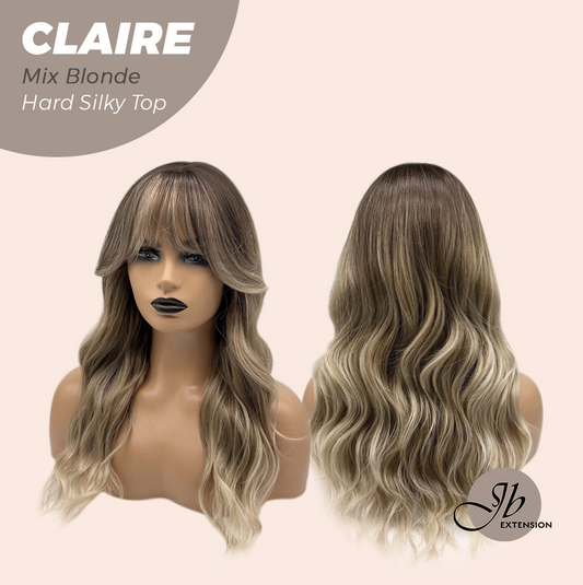 JBEXTENSION 22 Inches Scalpiana Mix Blonde 3.5X4 Hard Silky Top Natural Scalp Effect Women Wig With Bangs CLAIRE SILKY TOP MIX BLONDE